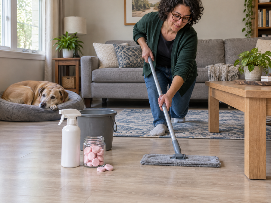 Woman damp-mopping a laminate living-room floor, dog on its bed