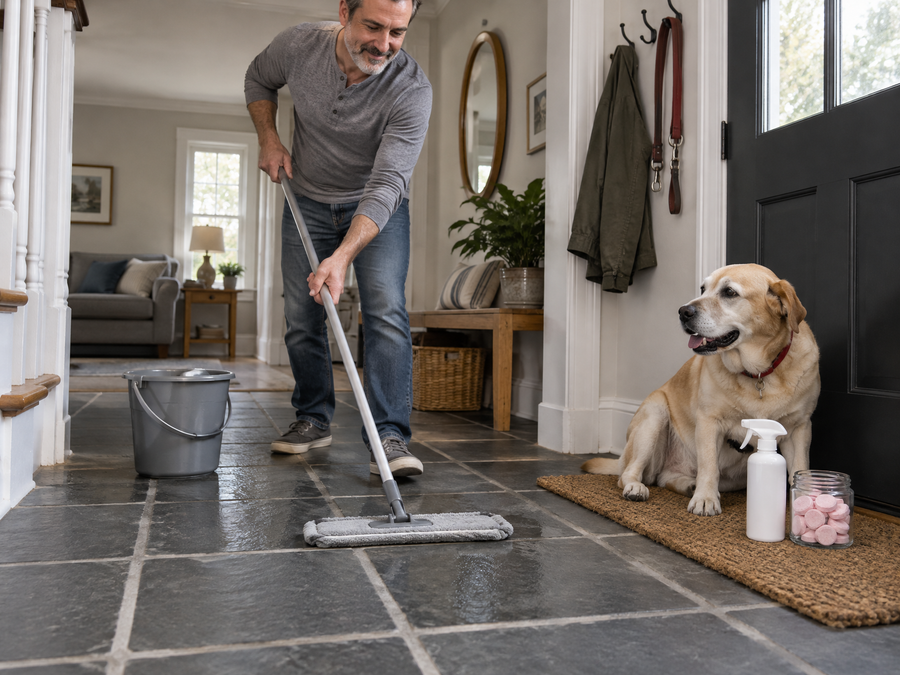 Man mopping a slate entryway with wide grout joints, dog waiting by the door