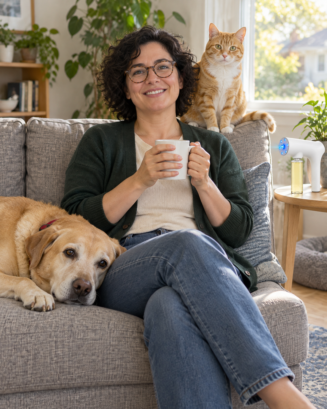 A smiling woman on a grey couch with a mug, her yellow Labrador and ginger cat beside her, Veyra Nanomist on the side table
