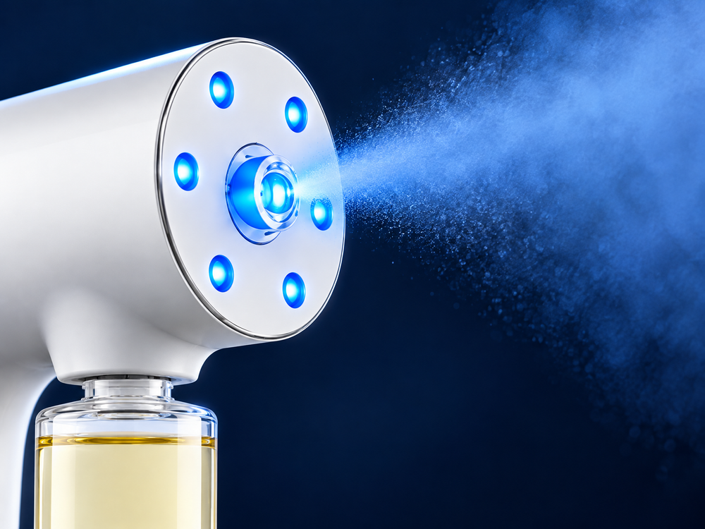 Close-up of the Veyra Nanomist nozzle and its six blue lights releasing an ultra-fine mist