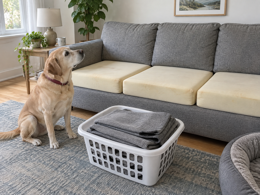 Bare foam couch cushions while the covers wait in a laundry basket, a yellow Labrador watching