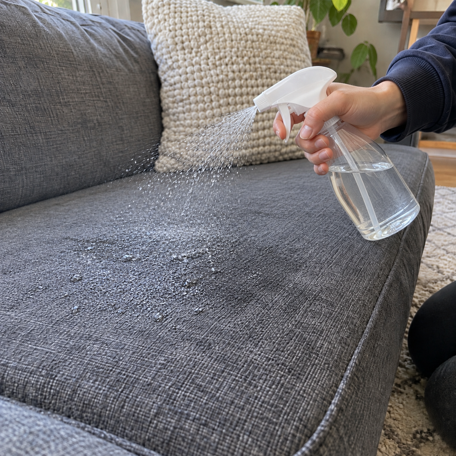 A regular trigger spray leaves droplets beading on top of a grey couch