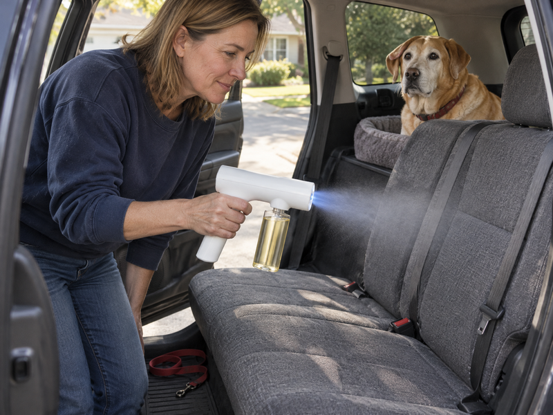 Woman misting the back seat of the car while the dog watches from the cargo area