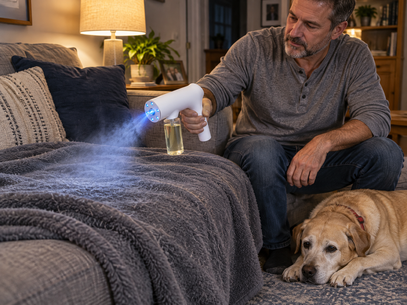 Man misting a fleece dog blanket on the couch, dog lying next to it