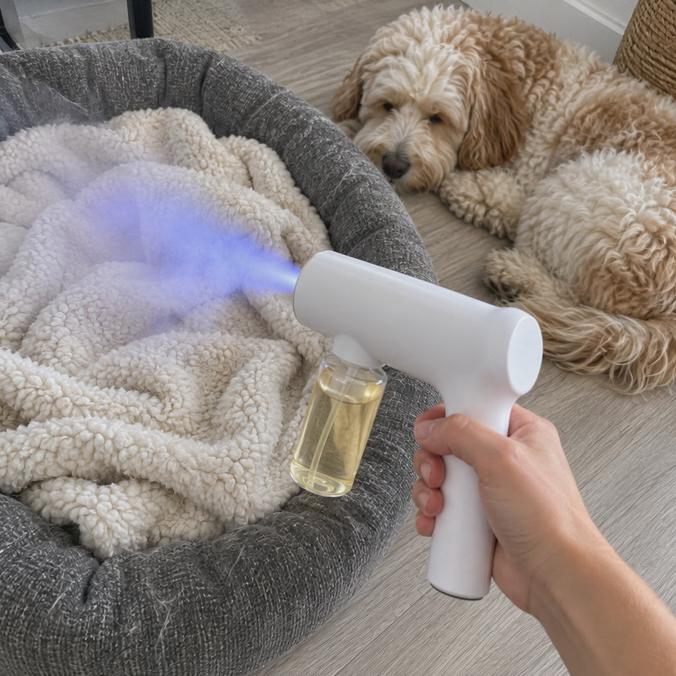 Misting a dog bed blanket with the Veyra Nanomist