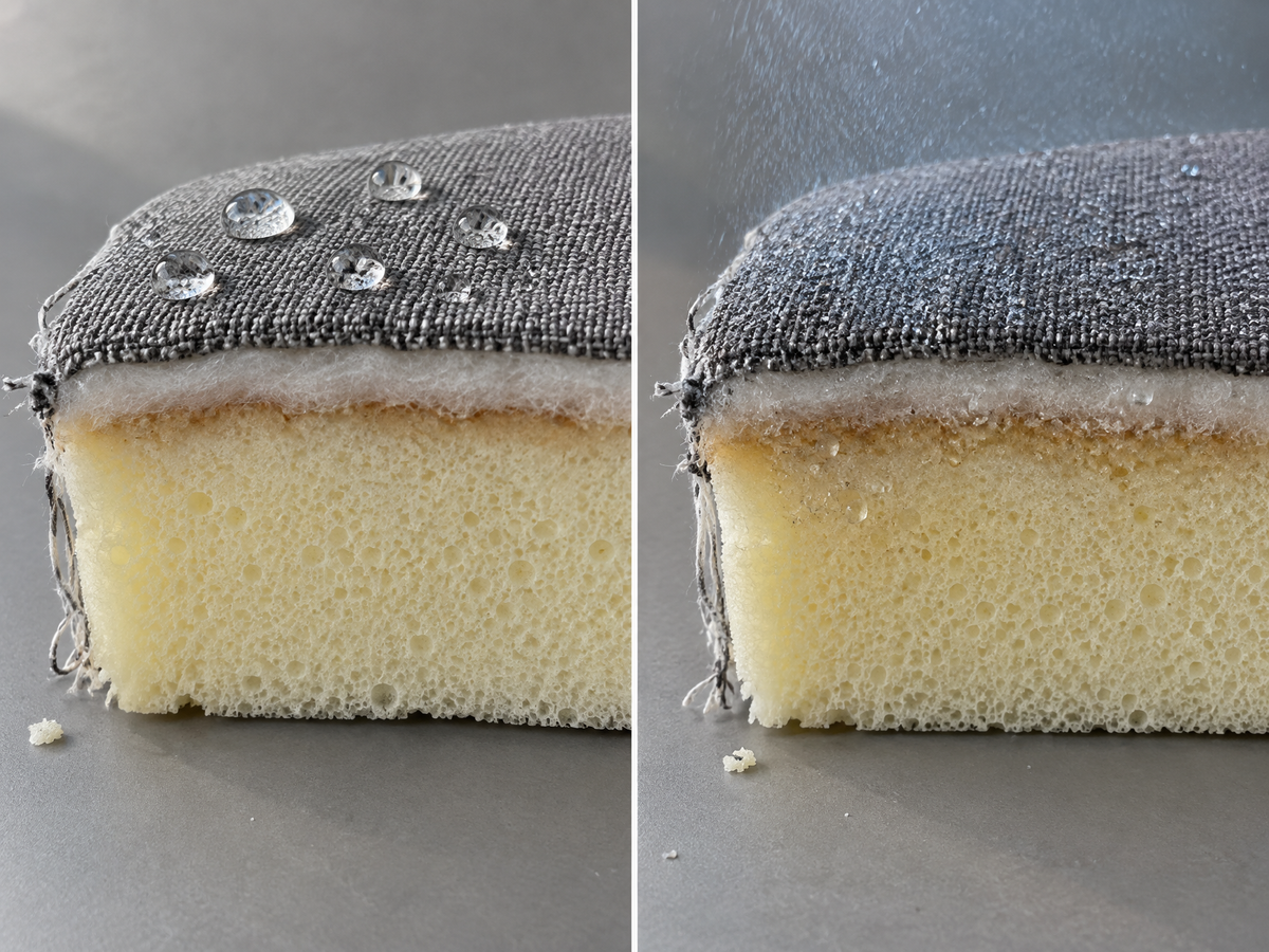 Two halves of a cut couch cushion: water beads on top of the fabric, versus a fine mist that reaches the foam underneath.