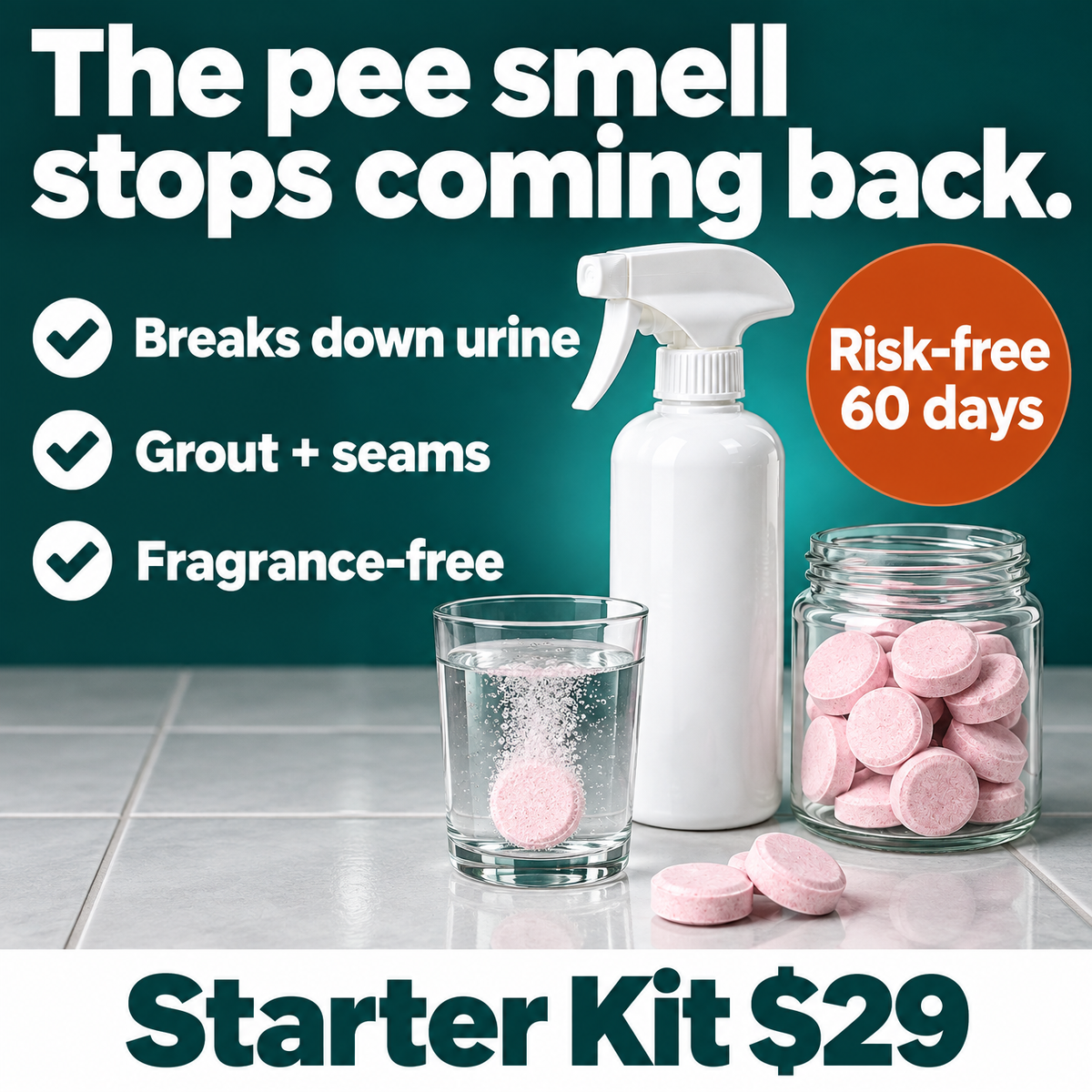Veyra Floor Care: the pee smell stops coming back. Breaks down urine, reaches grout and seams, fragrance-free. Risk-free for 60 days. Starter Kit $29.