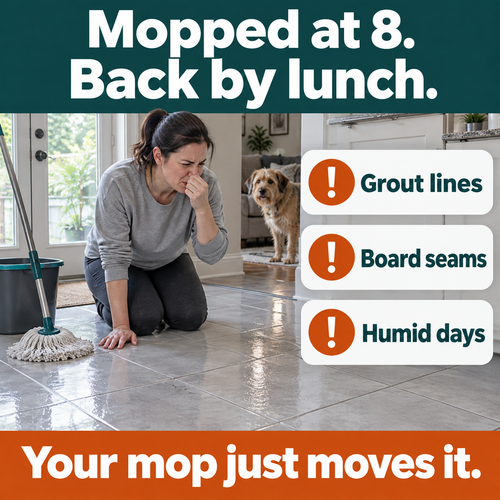 Mopped at 8, back by lunch: urine hides in grout lines, board seams and comes back on humid days. Your mop just moves it.