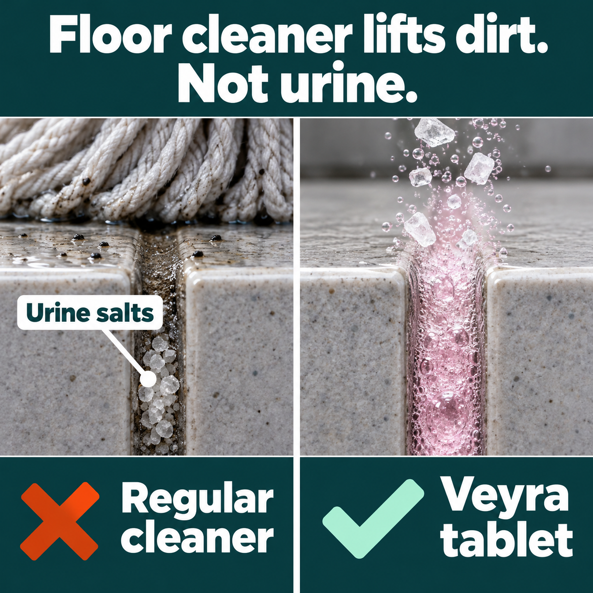 Floor cleaner lifts dirt, not urine: urine salts stay in the grout with regular cleaner; the Veyra tablet fizzes in and dissolves them.