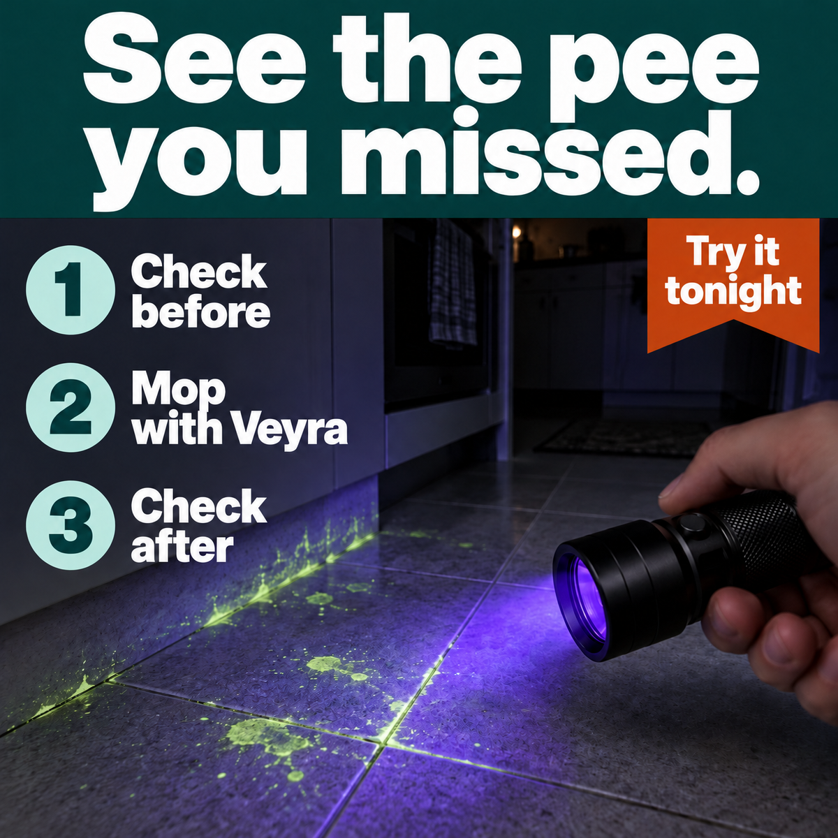 See the pee you missed: check before with a UV torch, mop with Veyra, check after. Try it tonight.