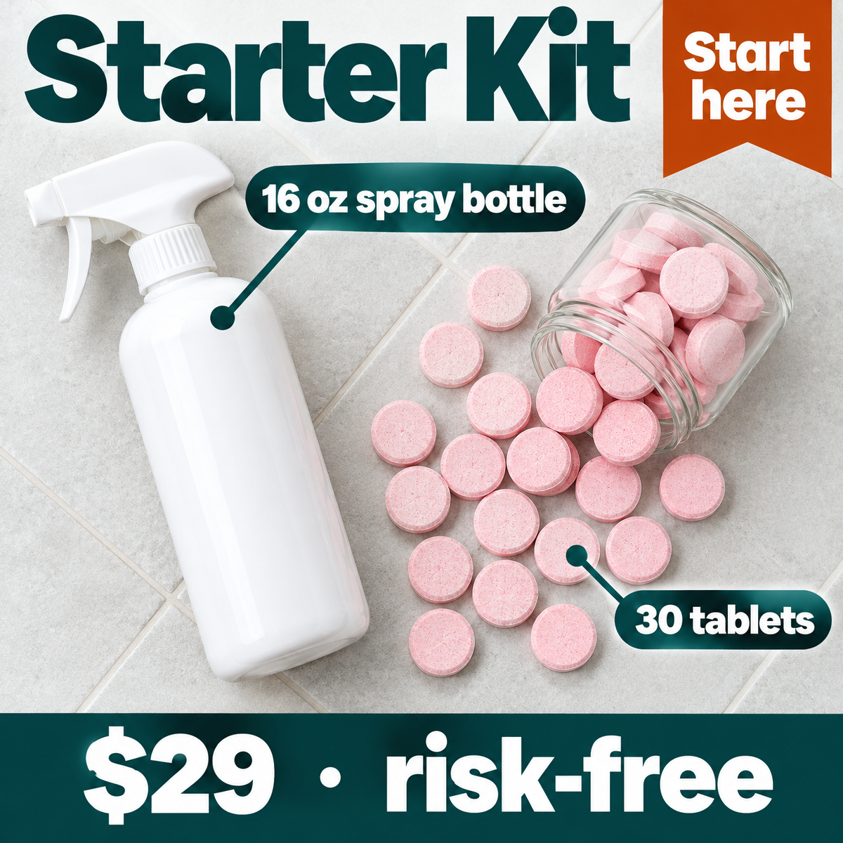 Veyra Floor Care Starter Kit: 16 oz spray bottle and 30 tablets. $29, risk-free.
