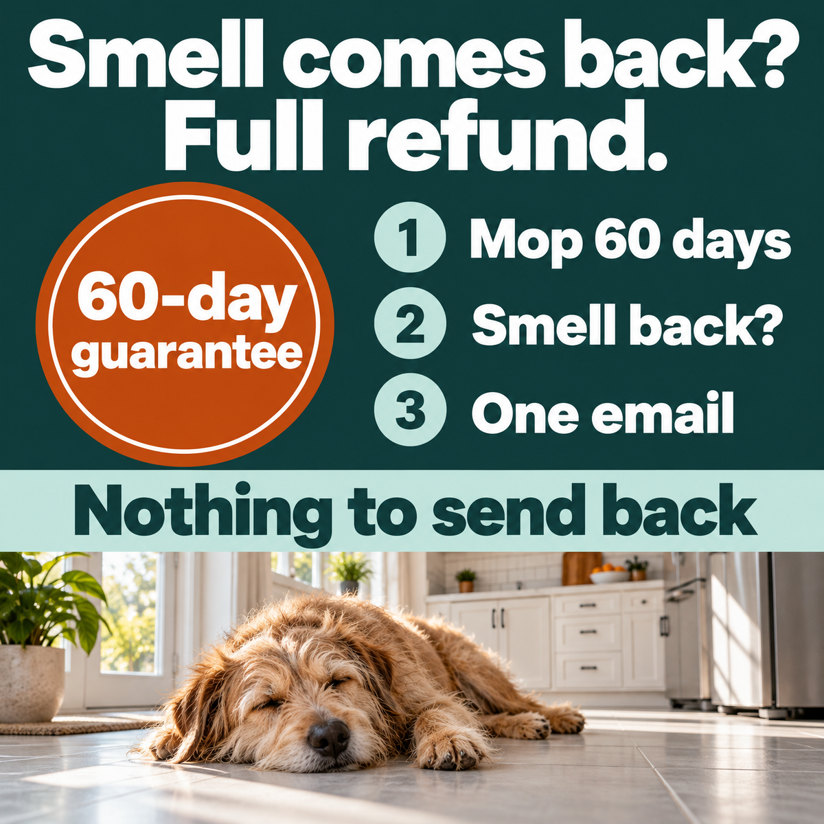 60-day guarantee: mop for 60 days; if the smell comes back, one email gets a full refund. Nothing to send back.