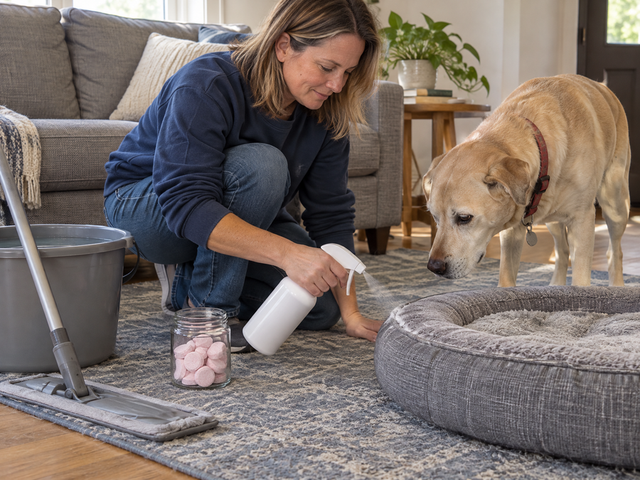 Woman spraying the edge of the dog bed and the rug corner with the Floor Care bottle
