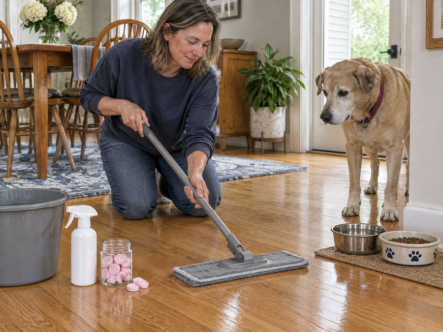 Woman mopping a sealed hardwood floor around the dog's bowls