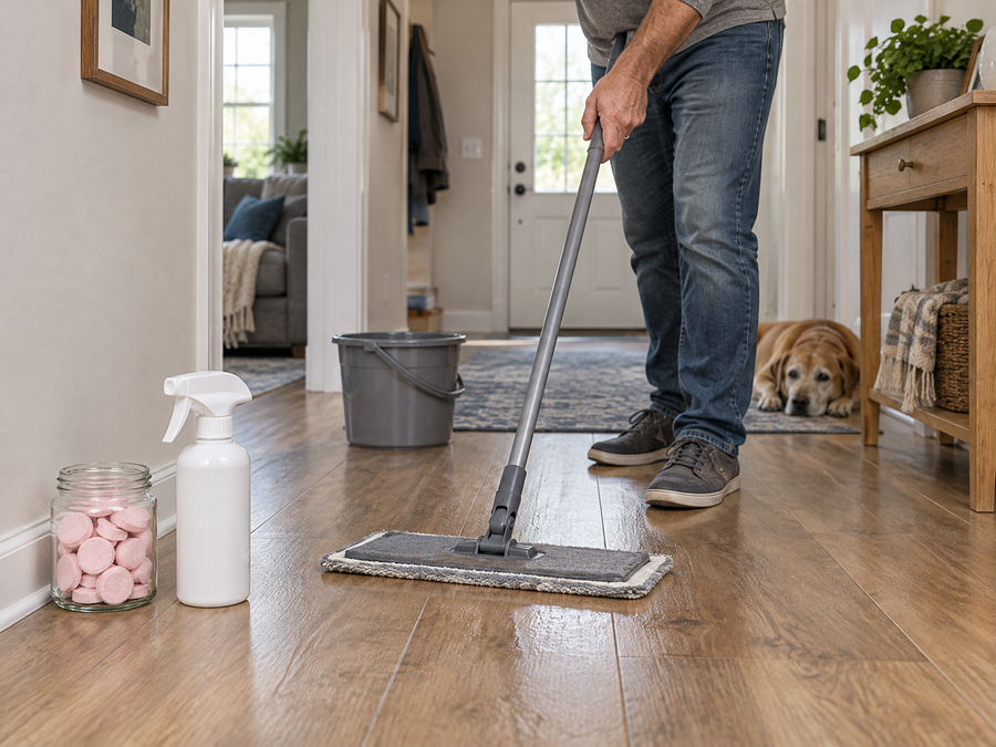 Man mopping a luxury vinyl plank hallway along the seams