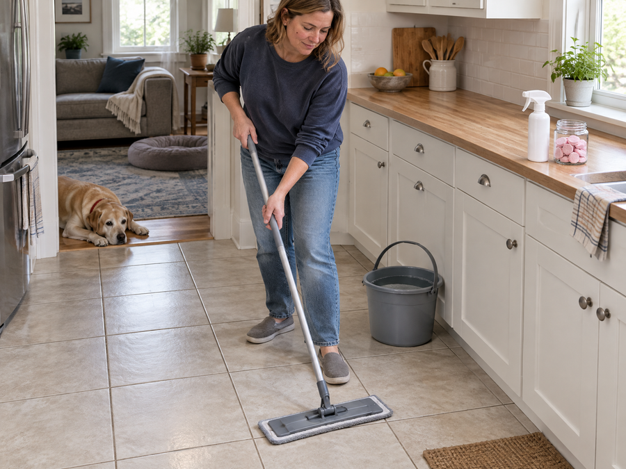 Woman mopping a tiled kitchen floor with visible grout lines