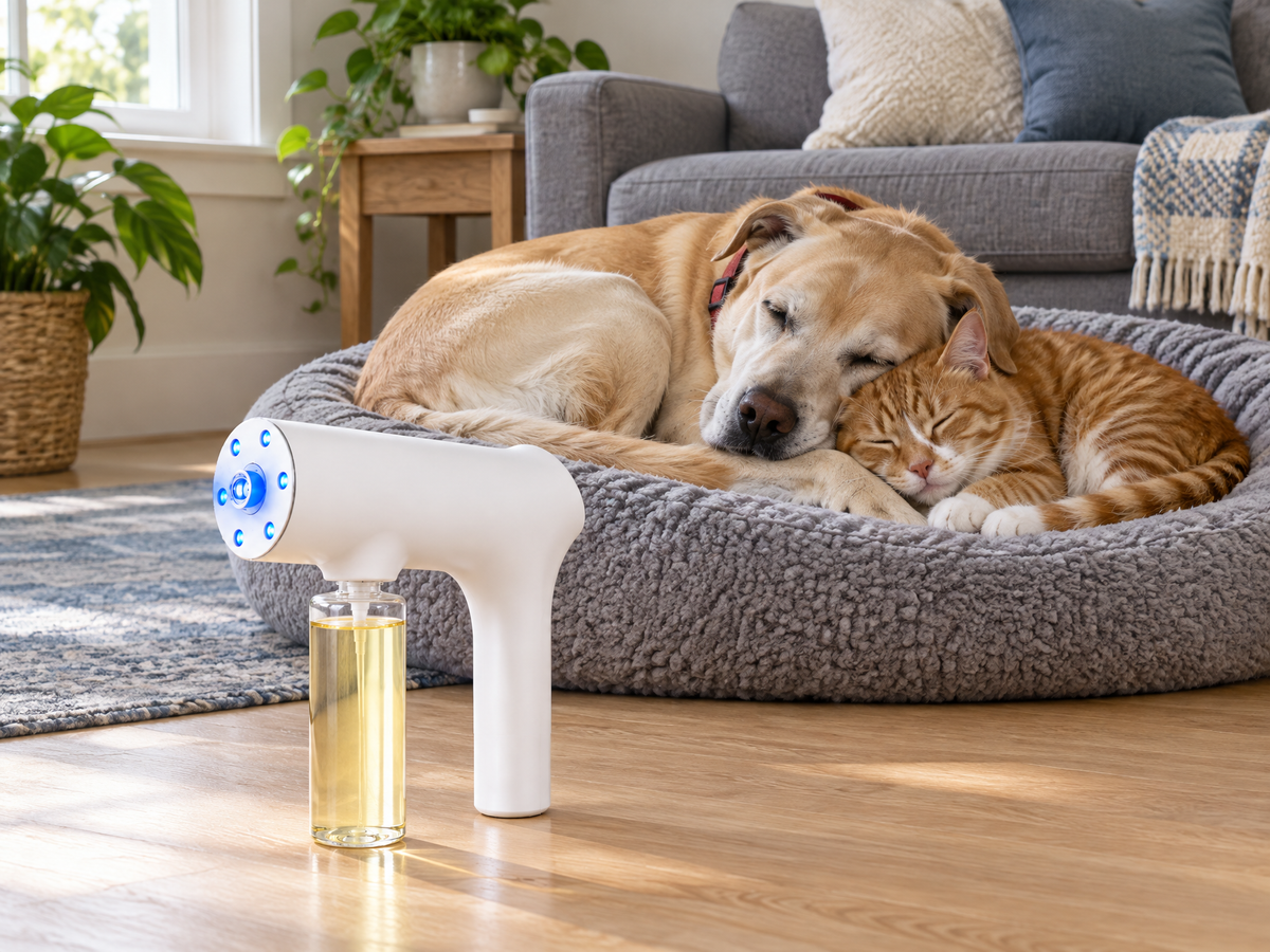 A yellow Labrador and a ginger cat asleep together on a grey dog bed beside Veyra Nanomist