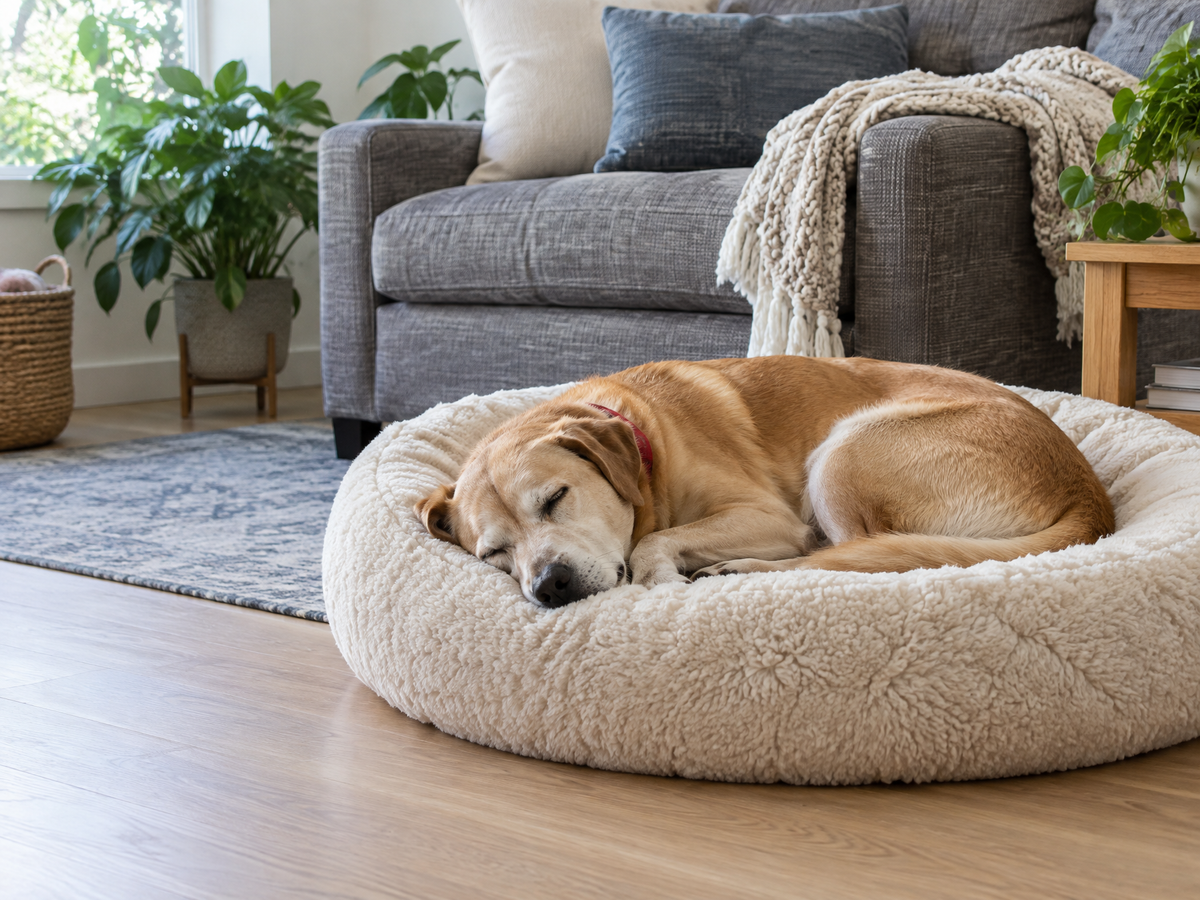 A yellow Labrador curled up asleep in a cream round bed in a bright living room
