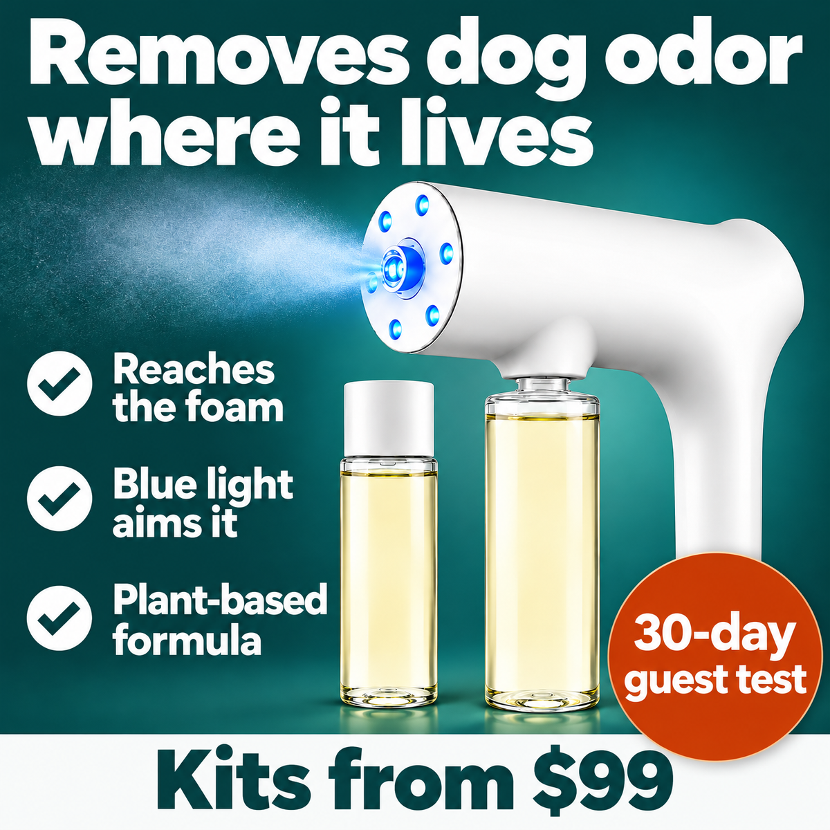 Veyra Nanomist Deodorizer removes dog odor where it lives: reaches the foam, blue light aims it, plant-based formula. 30-day guest test. Kits from $99.