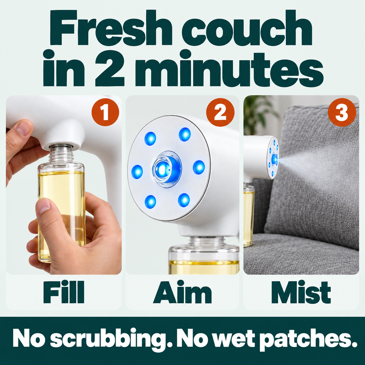 Fresh couch in 2 minutes: fill, aim with the blue light, mist. No scrubbing, no wet patches.
