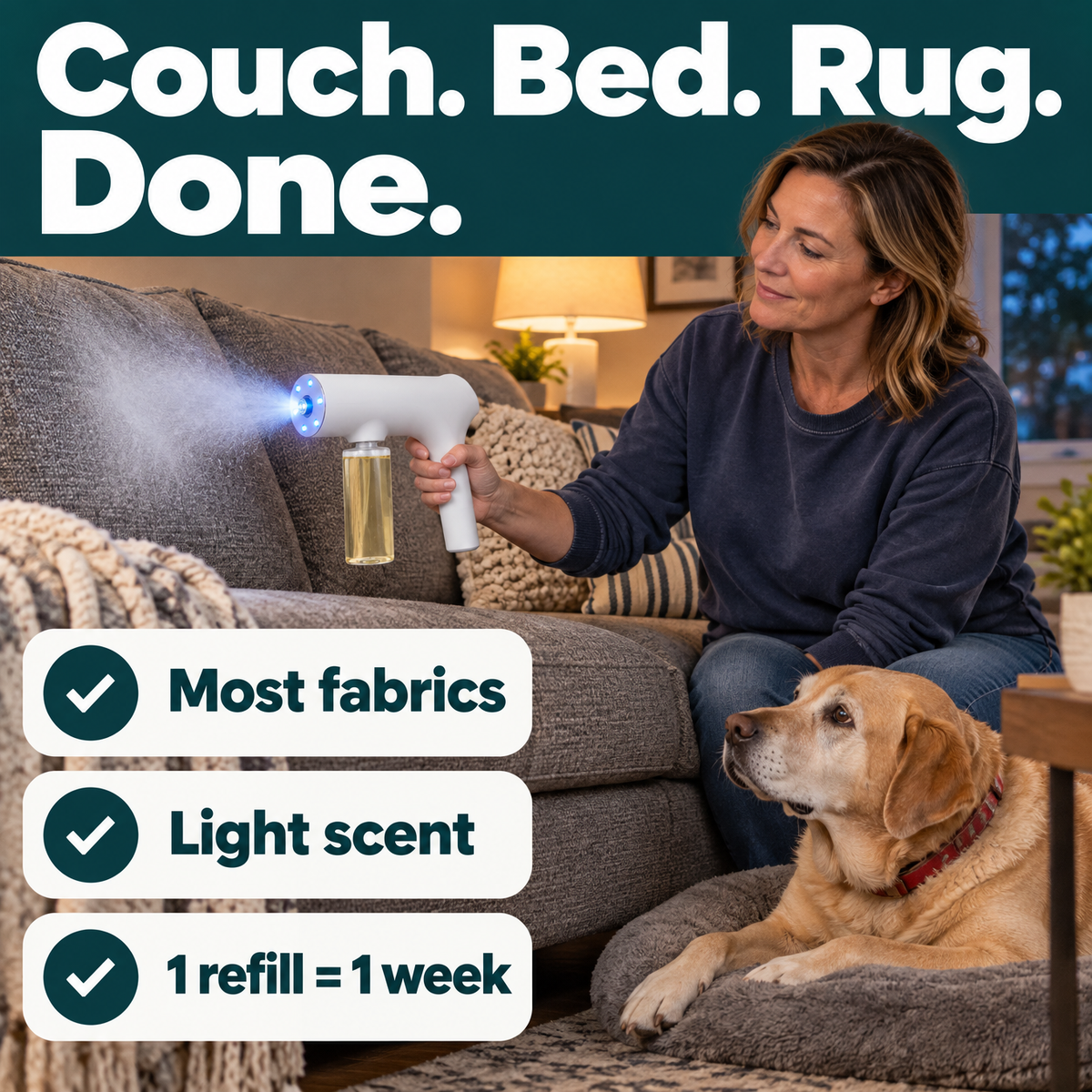 Couch, dog bed and rug done: works on most fabrics, light scent, one refill lasts about a week.