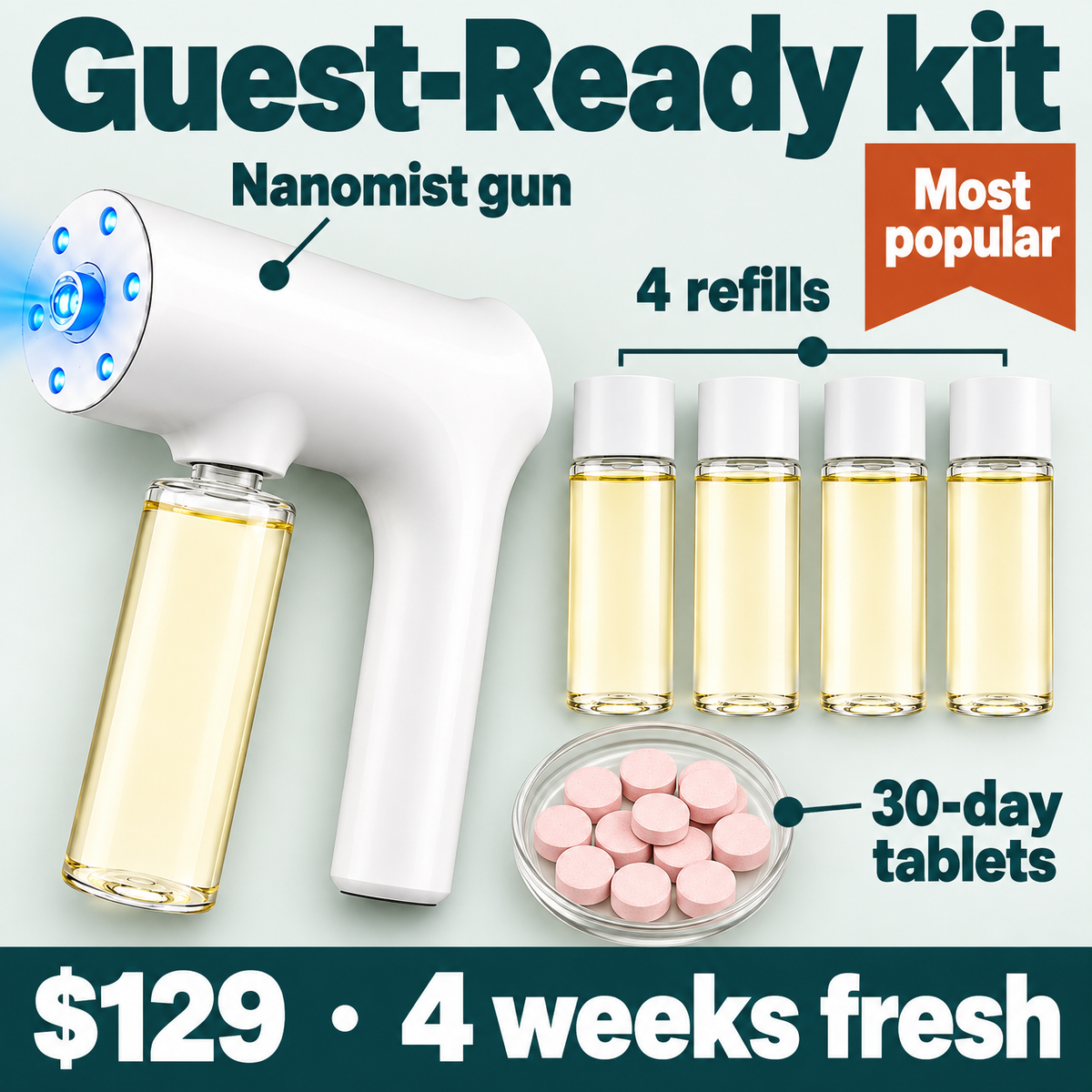 Guest-Ready kit: Nanomist gun, 4 refills and 30-day floor cleaner tablets. $129, about 4 weeks of fresh.