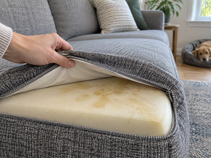 A hand unzips a grey couch cushion cover to show old stains soaked into the foam underneath