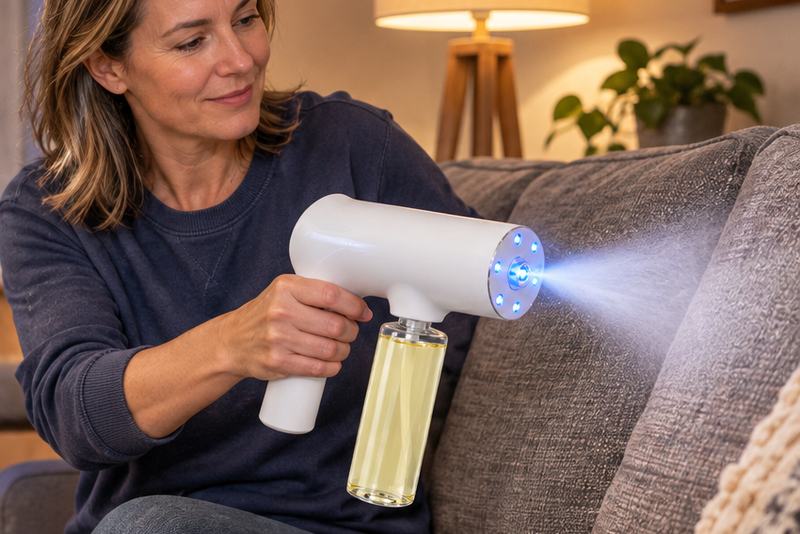 A woman misting her couch with the Veyra Nanomist Deodorizer