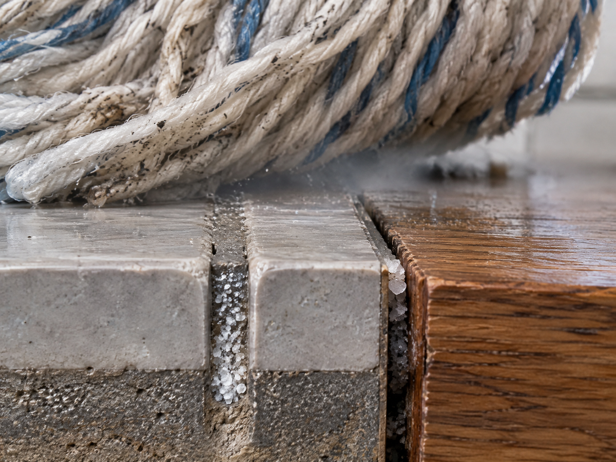 Close-up cutaway of grout and floor seams packed with urine salt crystals
