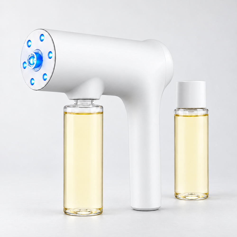 Veyra Nanomist Deodorizer with its bottle attached and one refill