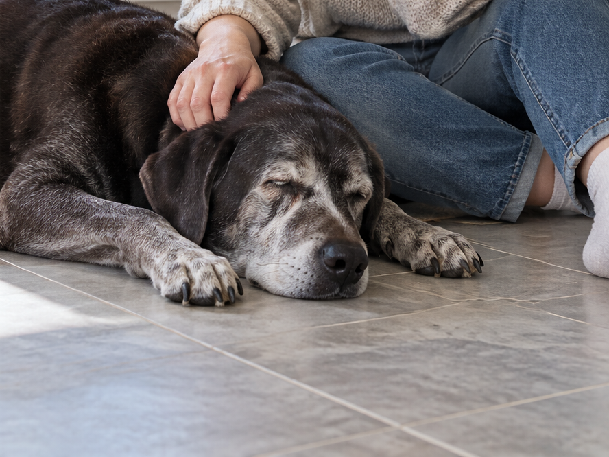 A woman petting her sleeping old dog on a tile floor