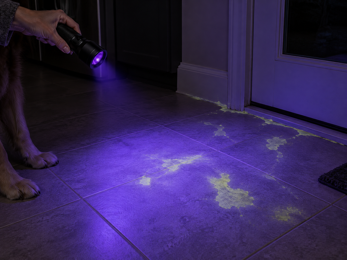 A UV torch showing old urine stains along a door threshold at night