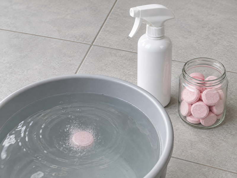 A pale pink Veyra Floor Care tablet just dropped into a bucket of warm water