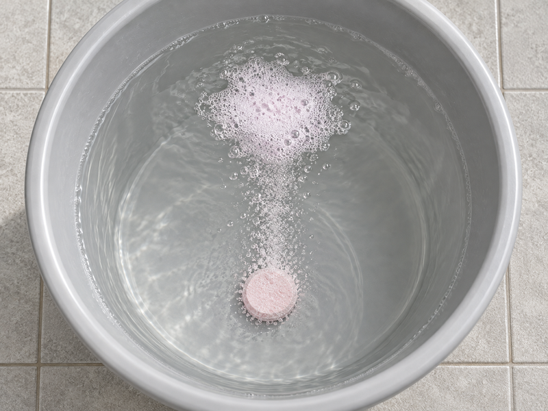 A Veyra Floor Care tablet fizzing at the bottom of a bucket of water