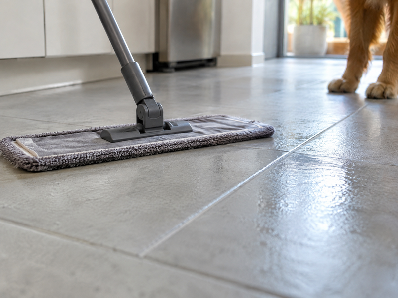 A flat mop gliding along a grout line on a tile floor