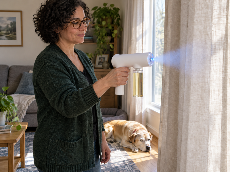 Woman misting the lower half of linen curtains, dog resting in the sun nearby