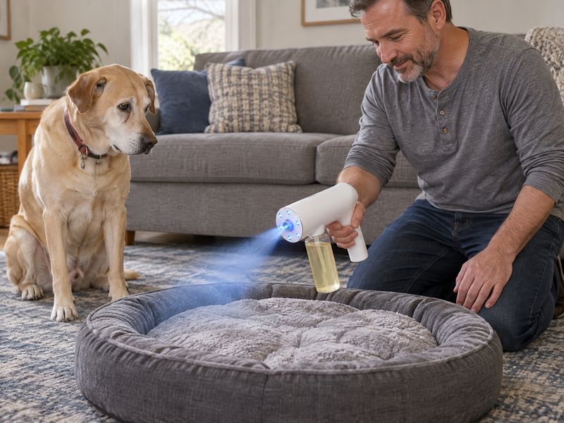 Man misting a round grey dog bed while the dog sits beside it