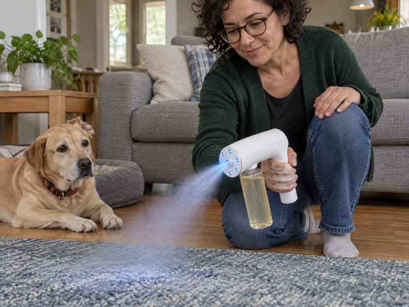 Woman kneeling and misting the living-room rug, dog lying beside it